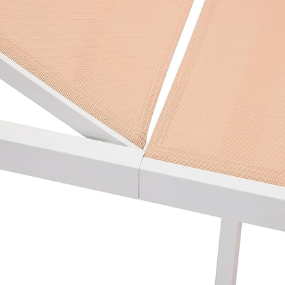LeisureMod Marlin Aluminum Outdoor Chaise Lounge Chair (Set of 2) - Mesh Sling Fabric Seat White Aluminum Frame Beach, Pool Lounge Chair for Modern Patio Lawn, Garden and Backyard (Light Brown)