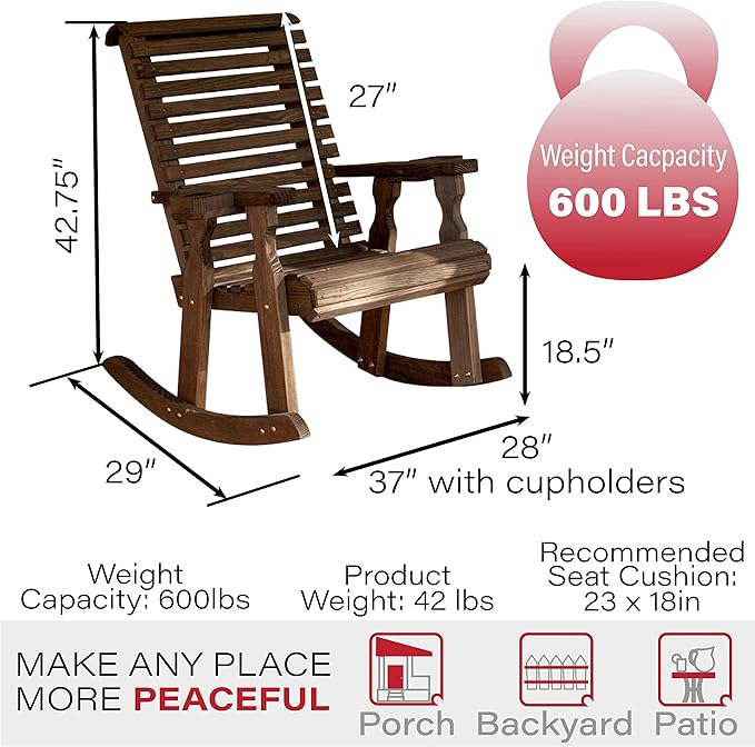 Amish Heavy Duty 600 Lb Roll Back Pressure Treated Rocking Chair with Cupholders (Dark Walnut Stain)