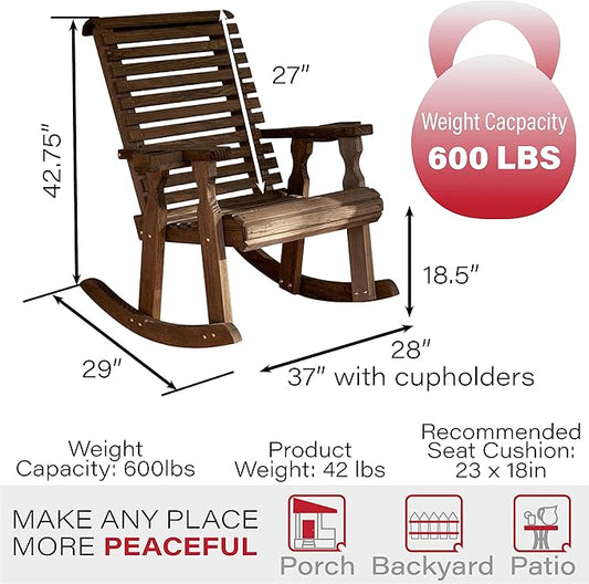 Amish Heavy Duty 600 Lb Roll Back Pressure Treated Rocking Chair with Cupholders (Dark Walnut Stain)