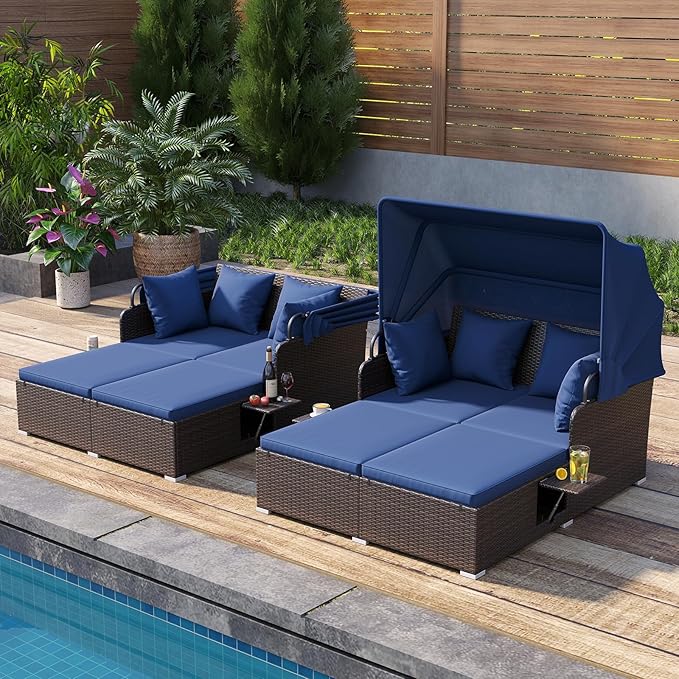 Tangkula Patio Rattan Daybed with Retractable Canopy, Outdoor Wicker Sunbed with 2 Foldable Side Tables - Photo 4