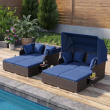Tangkula Patio Rattan Daybed with Retractable Canopy, Outdoor Wicker Sunbed with 2 Foldable Side Tables - Photo 4