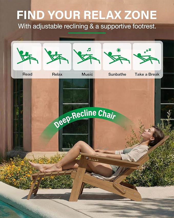 YEFU Adirondack Chair with Retractable Ottoman: Folding Adirondack Chairs Set of 2-5-Level Adjustable Backrest with Footrest - Fire Pit Chairs - Cup Holder - Outdoor Plastic Chair for Patio(Walnut)