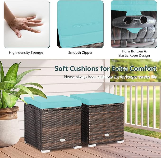 Tangkula 2 Pieces Patio Ottomans, Patiojoy Hand-Woven PE Rattan Side Table with Removable Cushion & Hidden Storage Space - Photo 5