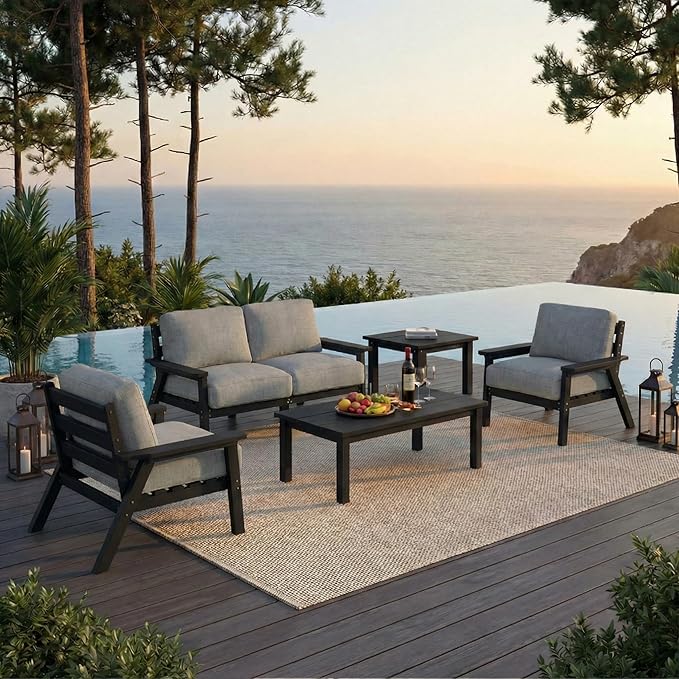 HDPE Patio Furniture Set 4 Seats, Outdoor Couch with Washable Thick Gray Cushions & Coffee Table & Side Table, Outdoor Sectional Furniture for Backyard, Deck, Lawn, Porch (Black Frame)