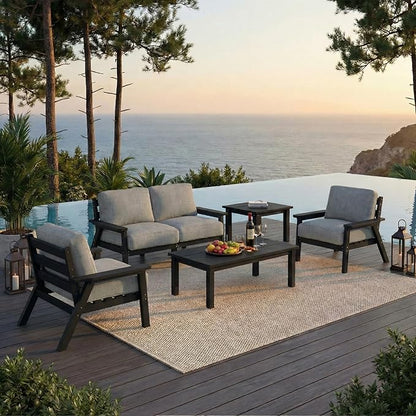 HDPE Patio Furniture Set 4 Seats, Outdoor Couch with Washable Thick Gray Cushions & Coffee Table & Side Table, Outdoor Sectional Furniture for Backyard, Deck, Lawn, Porch (Black Frame)