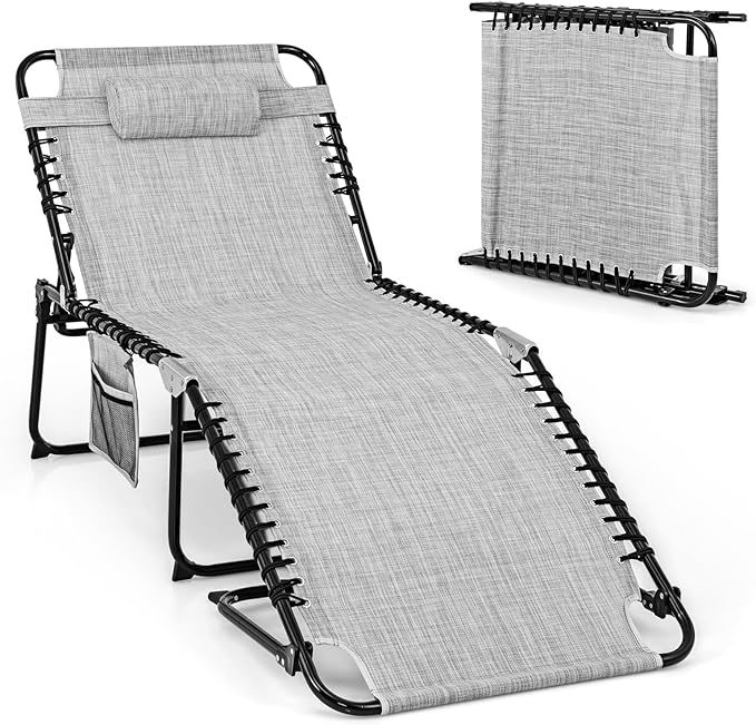 Giantex Lounge Chair Outdoor, Folding Tanning Chair with 4 Adjustable Positions, Removable Headrest, Footrest, Side Pocket, Load 440 Lbs, Portable Recliner for Lawn, Yard, Beach, Sunbathing (1, Grey)