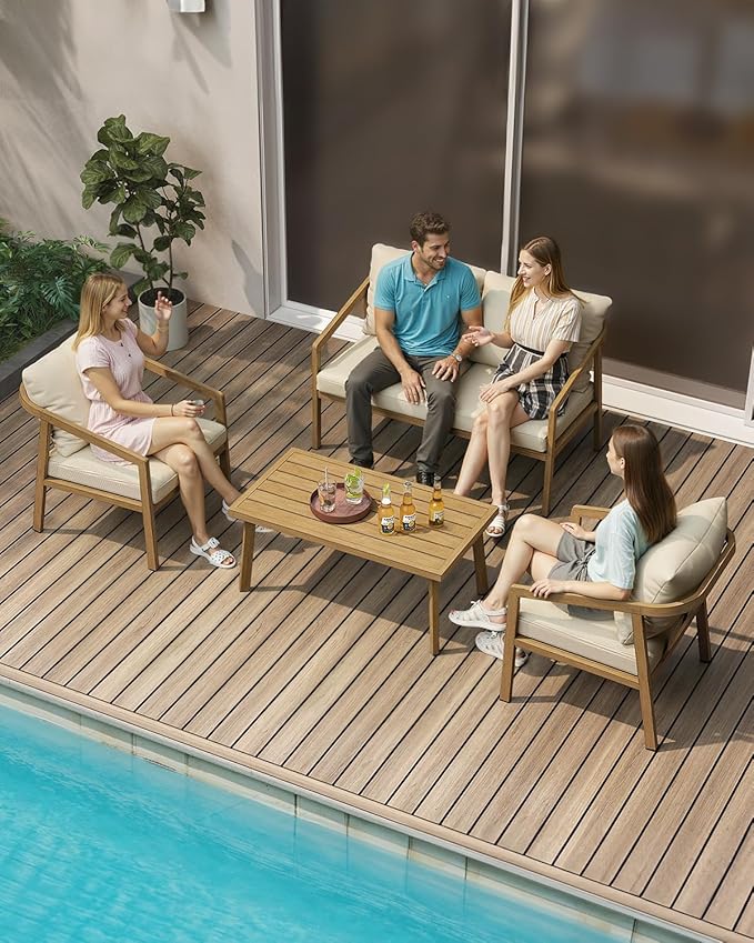 Patio Coffee Table, Never-Rust Aluminum Outdoor Coffee Table with Wood Grain Texture, Modern Rectangle Garden Coffee Table with Slatted Tabletop for Porch, Decks, Indoor, Balcony, Teak | Never-Rust, Wood Grain Texture, Slatted Tabletop