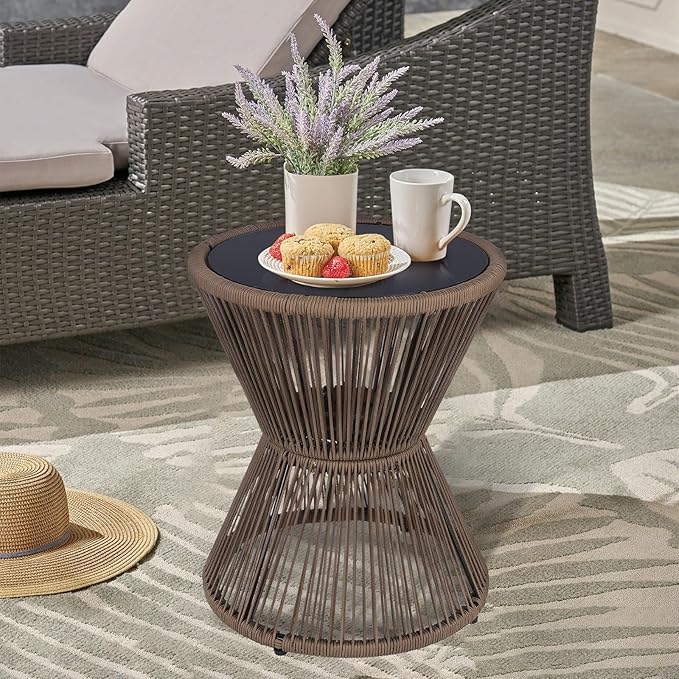 SUNNYPARK Outdoor Side Table 20'' H Small End Tables Woven Rope Weather Resistant with Glass Top Round Coffee Table for Indoor Balcony Patio Poolside (Brown)