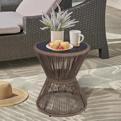 SUNNYPARK Outdoor Side Table 20'' H Small End Tables Woven Rope Weather Resistant with Glass Top Round Coffee Table for Indoor Balcony Patio Poolside (Brown)