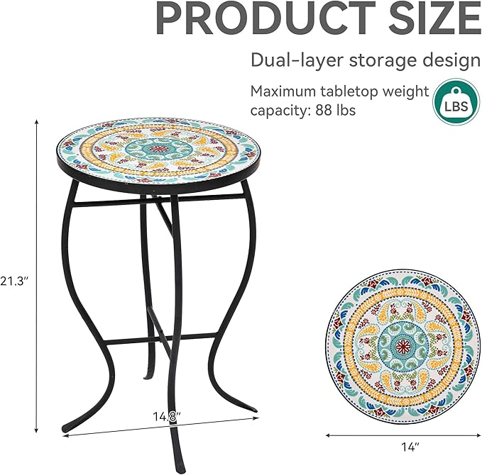 Side Table Outdoor, Mosaic Patio Table Plant Stand, 22" H Iron Coffee End Table - Photo 2