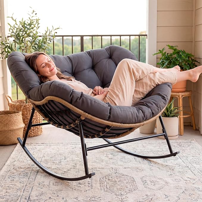 NICESOUL Royal Rocking Papasan Chair Indoor Outdoor, Cushioned Patio Egg Rocking Chair, Oversized Rattan Lounge Rocker, 450 lbs Heavy Duty Comfy Glider for Outside Balcony Lawn Porch, Dark Grey