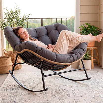 NICESOUL Royal Rocking Papasan Chair Indoor Outdoor, Cushioned Patio Egg Rocking Chair, Oversized Rattan Lounge Rocker, 450 lbs Heavy Duty Comfy Glider for Outside Balcony Lawn Porch, Dark Grey