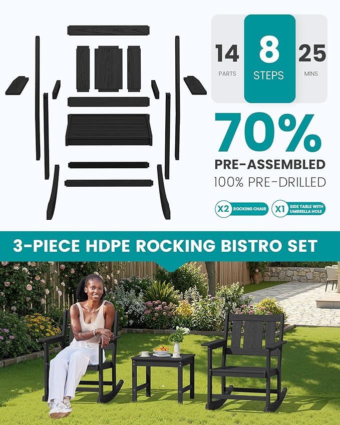 SERWALL Outdoor Rocking Chairs Set of 2 with 1 Side Table & 9ft Patio Umbrella - Photo 6