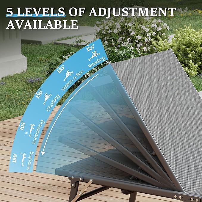 UDPATIO Foldable Patio Lounge Chair Sets with Side Table, No Assembly Outdoor Chaise Lounge with 5-Positions, Poolside Lounge Chairs with Portable Design for Pool, Beach, Deck, Backyard-Gray
