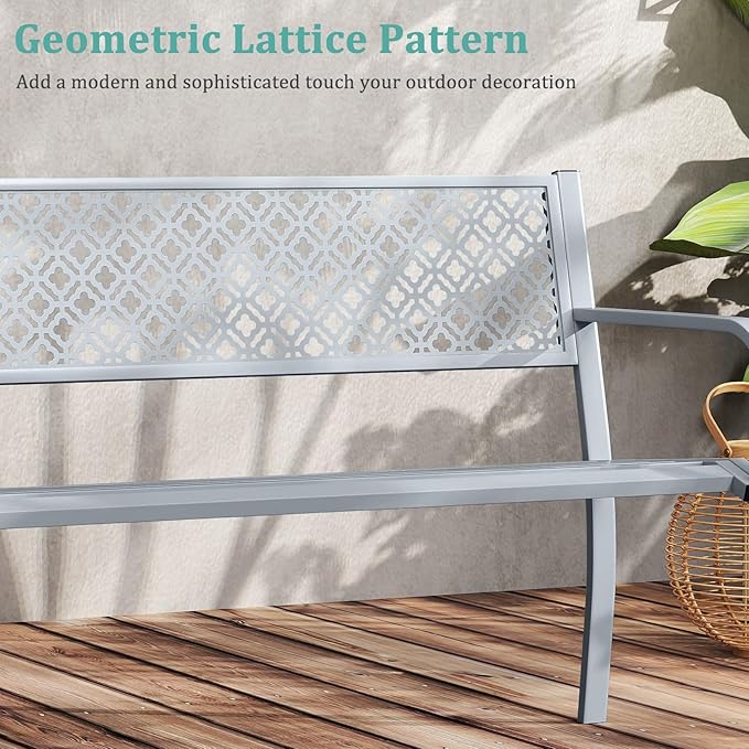 Tangkula 50 Inches Outdoor Garden Bench, Metal Patio Park Bench with Geometric Lattice Backrest, Armrests and Slatted Seat, Outdoor Loveseat Chair for Porch, Lawn and Yard (Grey)