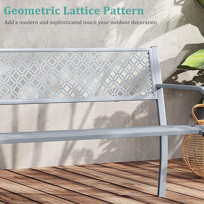 Tangkula 50 Inches Outdoor Garden Bench, Metal Patio Park Bench with Geometric Lattice Backrest, Armrests and Slatted Seat, Outdoor Loveseat Chair for Porch, Lawn and Yard (Grey)