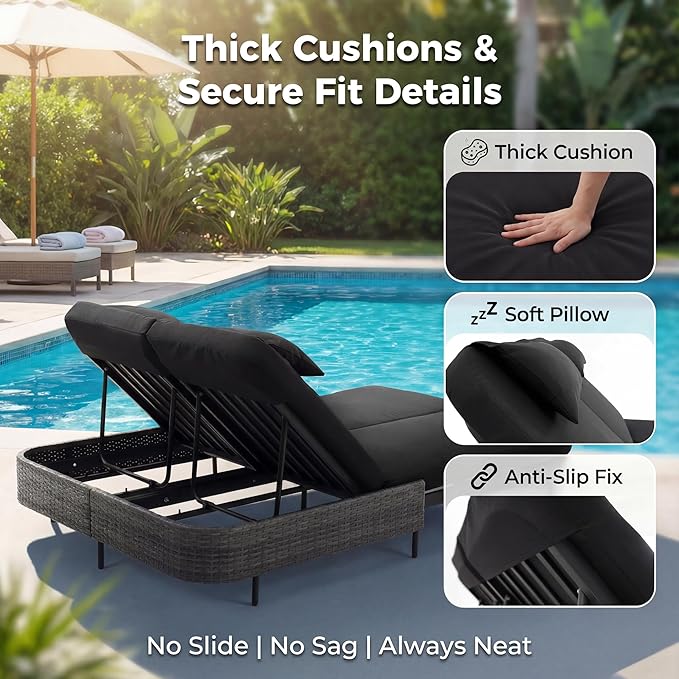 NICESOUL Double Chaise Lounge Outdoor, 51.2" Wide 2-Person Daybed with Independent Recline - Photo 8