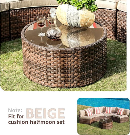 SUNSITT Round Outdoor Coffee Table with Tempered Glass Top, 28in Rattan PE Resin Wicker Patio Side Table, Brown
