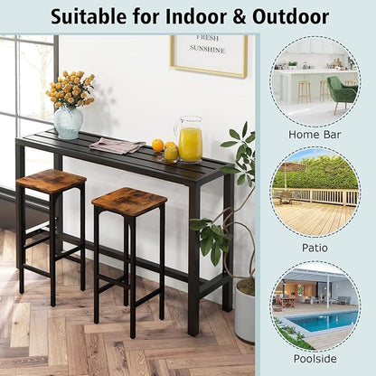 COSTWAY Outdoor Bar Table 55-inch Wide, Narrow Counter Height Dining Table with Waterproof Top and Heavy-Duty Metal Frame, Rectangular Pub Table for Garden Patio Backyard Poolside, Black