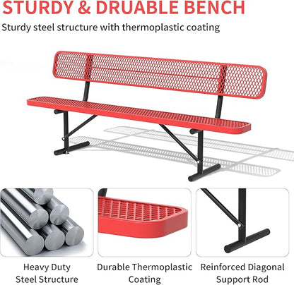 8 Ft Metal Park Bench for Outside, All-Weather Thermoplastic Coating Outdoor Bench with Backrest, Commercial Heavy Duty Benches for Shopping Malls, Stores, Parks, Patios, Decks,Red
