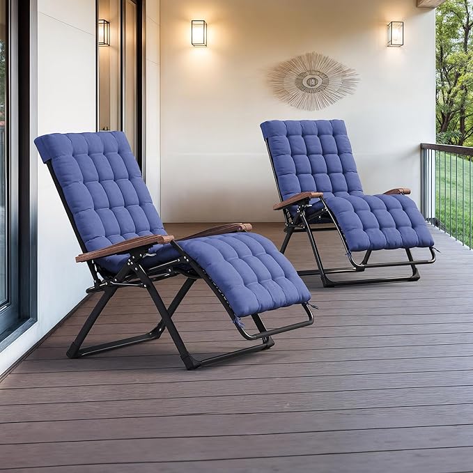PURPLE LEAF Extra Wide Outdoor Reclining Chair Set of 2 Patio Zero Gravity Chaise Lounge Folding Chair with Removable Cushion Adjustable Headrest for Lawn Camping Beach Pool Navy Blue