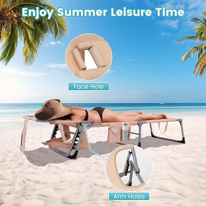 Goplus Tanning Chair with Face Hole, Foldable Adjustable Beach Chaise Lounger w/Arm Hole - Photo 3