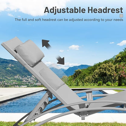 Outdoor Chaise Lounge Set of 2, Aluminum Patio Outdoor Lounge Chair for Beach Pool Sunbathing, Lawn Lounger Recliner Chair with 5 Adjustable Position, Outside Tanning Chairs with Armrest, Grey