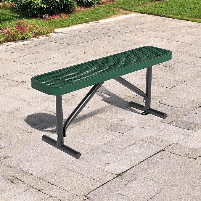 4ft Outdoor Metal Park Bench, 48" Backless Heavy-Duty Commercial Green Garden Bench with Expanded Steel Mesh Seat, Weatherproof Park Patio Dining Table Bench for Backyard Lawn School Porch Deck