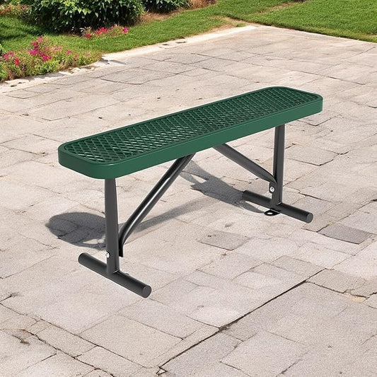 4ft Outdoor Metal Park Bench, 48" Backless Heavy-Duty Commercial Green Garden Bench with Expanded Steel Mesh Seat, Weatherproof Park Patio Dining Table Bench for Backyard Lawn School Porch Deck
