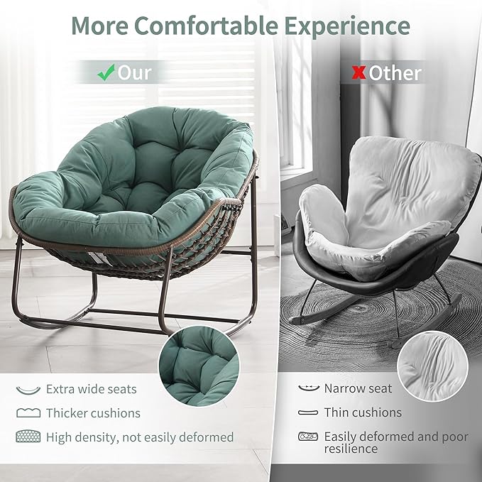 HOMEFUN Outdoor Patio Rocking Chairs, Oversized Papasan Rock Chair Indoor with Padded Cushion - Rocker Egg for Front Porch, Garden, Backyard Green