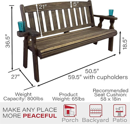 Amish Casual Heavy Duty 800 Lb Mission Pressure Treated Garden Bench with Cupholders (4 Foot, Dark Walnut Stain)