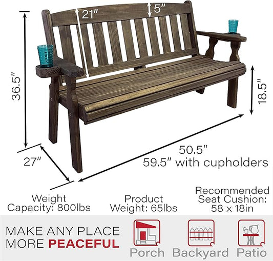 Amish Casual Heavy Duty 800 Lb Mission Pressure Treated Garden Bench with Cupholders (4 Foot, Dark Walnut Stain)