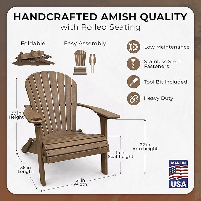 Ecommersify Folding Adirondack Chair with Cup Holder - (Weather Wood) - Heavy Duty Recycled Poly Lumber Folding Chair - Amish Crafted Outdoor Furniture - Made in USA