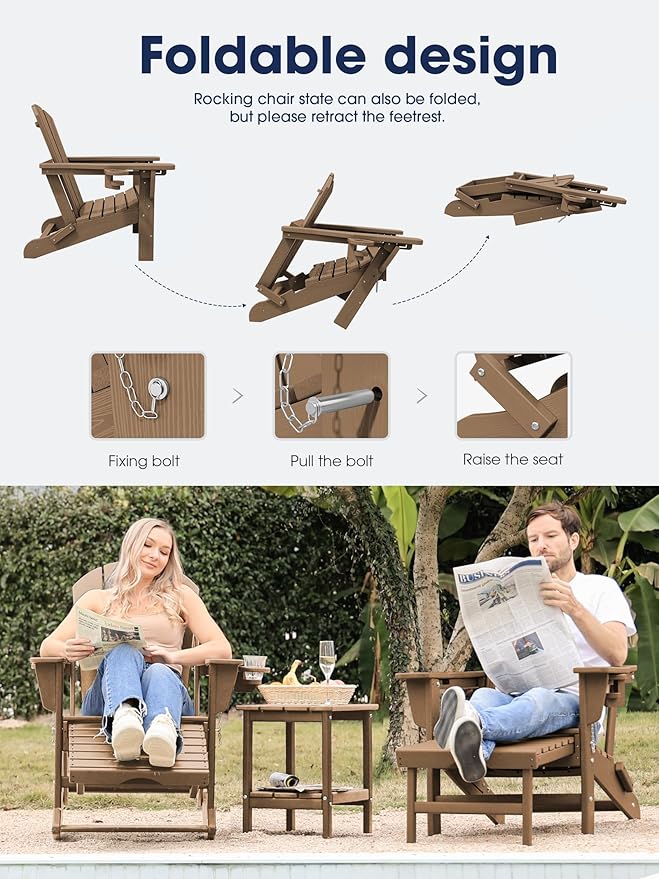 KINGYES Adirondack Rocking Chair with Retractable Ottoman and Cup Holders - Photo 4