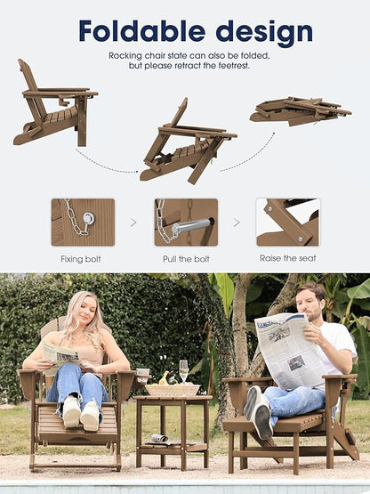 KINGYES Adirondack Rocking Chair with Retractable Ottoman and Cup Holders, HDPE Adirondack Rocker Patio Rocking Chair for Porch, Patio, Balcony, Brown
