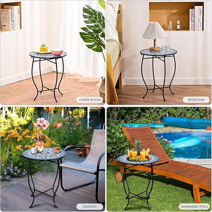Metal Round Side Table, Weather Resistant Patio Accent Table for Indoor Outdoor Use, 14”Plant Stand for Flower Pots Vase Home Decor, Easy Assemble