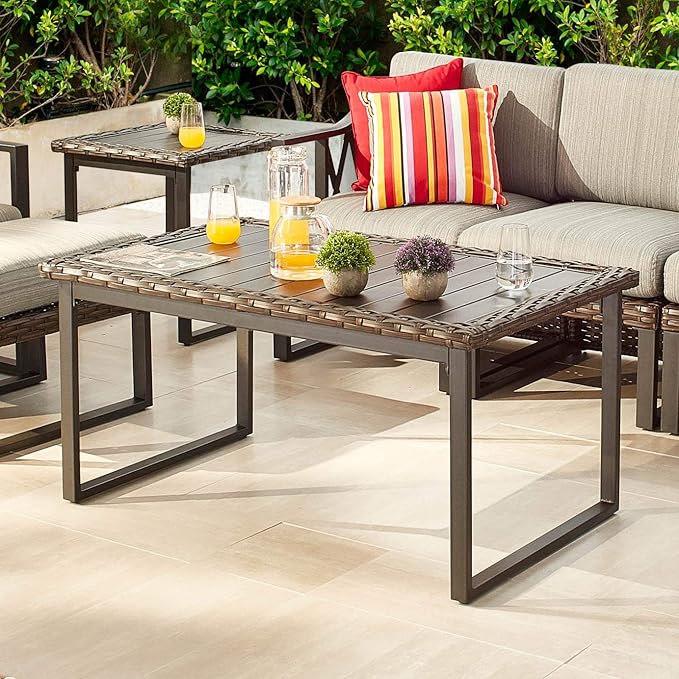 PatioFestival Wicker Patio Coffee Table Side Patio Bistro Table Metal Rattan Furniture with All Weather Steel Frame