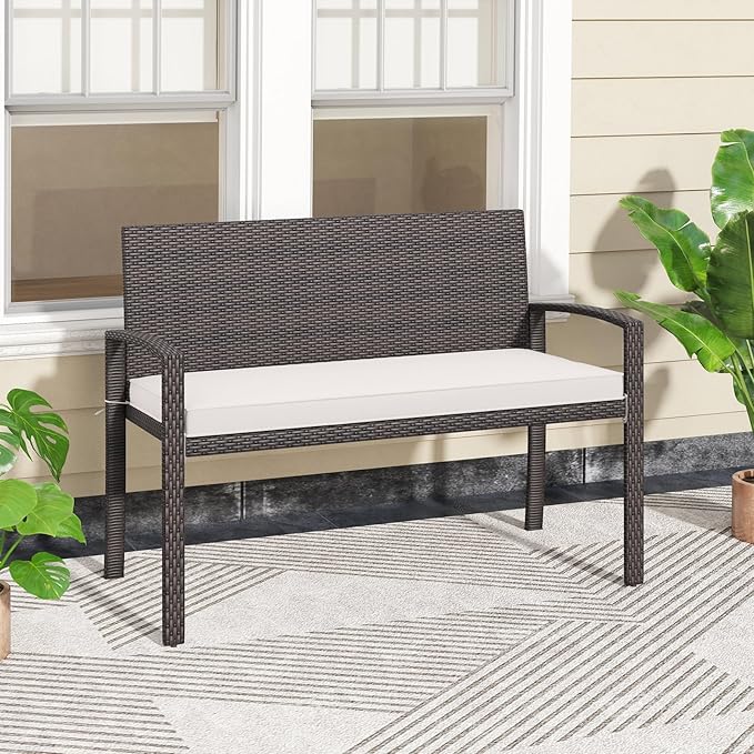 Tangkula Outdoor Rattan Bench, 2-Person Patio Loveseat with Removable Seat Cushion, Metal Frame, Backrest & Armrests, for Porch, Backyard, Garden, Balcony, Brown