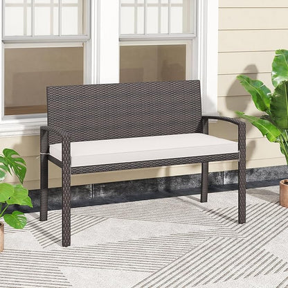 Tangkula Outdoor Rattan Bench, 2-Person Patio Loveseat with Removable Seat Cushion, Metal Frame, Backrest & Armrests, for Porch, Backyard, Garden, Balcony, Brown