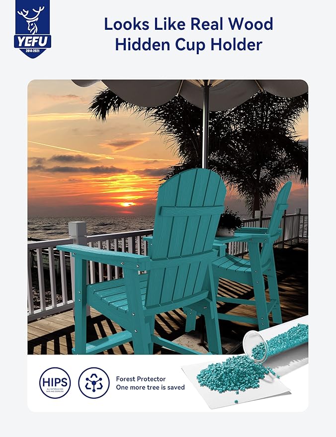 YEFU Tall Adirondack Chair Set of 4, Balcony Chair with Connecting Table, Poly Lumber Adirondack Chair, Patio Bar Stools, 380lbs, Weather Resistant for Outdoor Deck Lawn Pool-Aruba Blue