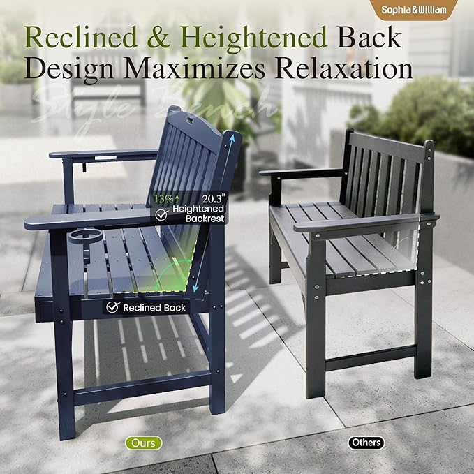 Sophia & William HDPE Outdoor Bench Weatherproof, 2-Person Garden Bench with Cup Holders, 700 lbs Capacity - Photo 6