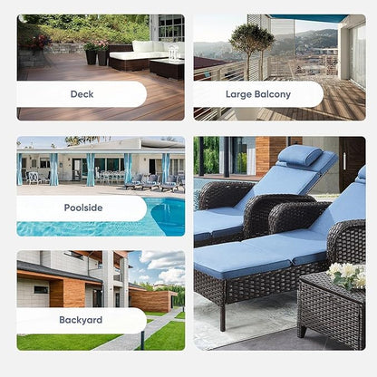 Belord 3 Piece Outdoor Chaise Lounge Patio Recliner - 75 Inch Adjustable Wicker Chaise Lounge with Soft Pillow Removable Cushions, All Weather Rattan Pool Lounge Chair Set of 2 for Poolside Brown/Blue