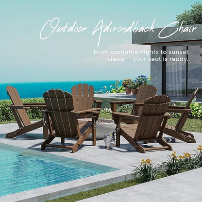 Domi Folding Adirondack Chairs Set of 2, HDPE All-Weather Outdoor Chairs with Cup Holder, Wooden Textured Fire Pit Chairs for Backyard, Patio, Poolside & Deck, Khaki