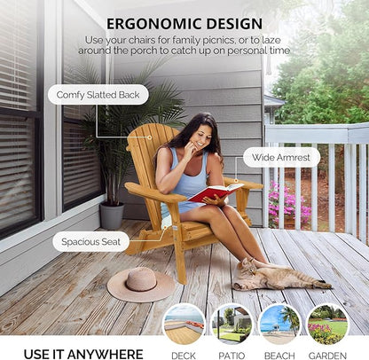 VINGLI Wooden Folding Adirondack Chairs Set of 2 for Outdoor, All Weather Foldable Fir Pit Chairs Clearance Patio Lounge Chairs for Lawn Garden Poolside, Capacity 350LBS