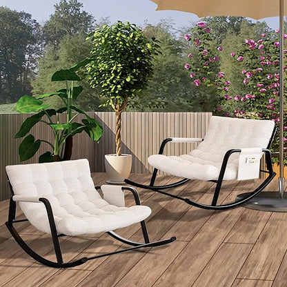 Indoor Outdoor Patio Rocking Chairs Set of 2, Papasan Rocking Chairs, Double Papasan Chair with Cushion, Oversized Modern Rocker Chairs for Living Room, Bedroom, Porch, Garden Beige