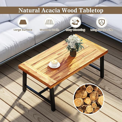 HAPPYGRILL Acacia Wood Patio Coffee Table, Outdoor Rectangular Center Table with Sturdy Metal Frame, Adjustable Leveling Feet, Tea Table for Balcony, Poolside, Porch, Deck