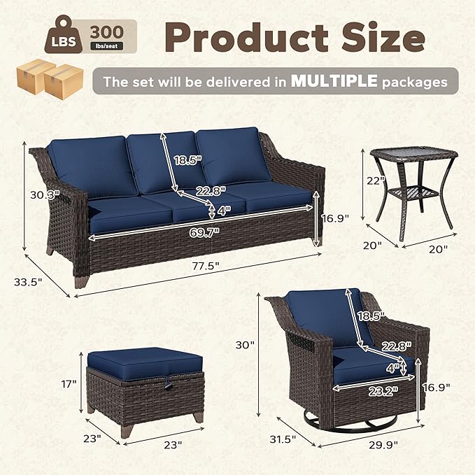 11 Pieces Patio Conversation Furniture Set - 1 Sofa, 4 Ottomans, 4 Swivel Chairs, 2 Side Tables - Photo 2