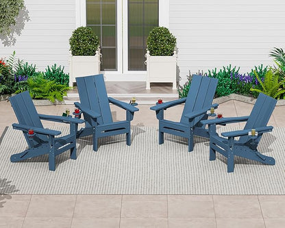 SERWALL Modern Folding Adirondack Chair Set of 4, HDPE Weather Resistant Outdoor Adirondack Chair with Dual Cup Holders, Patio Lawn Garden Chairs, Blue