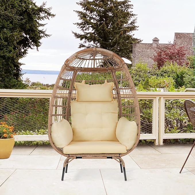 Oversized Egg Chair Outdoor Wicker Egg Chair 352lbs Capacity Outdoor Lounge Chair All Weather PE Rattan Patio Chair with Removeable Thick Cushions for Patio Balcony Backyard Garden Indoor, White