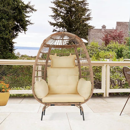 Oversized Egg Chair Outdoor Wicker Egg Chair 352lbs Capacity Outdoor Lounge Chair All Weather PE Rattan Patio Chair with Removeable Thick Cushions for Patio Balcony Backyard Garden Indoor, White